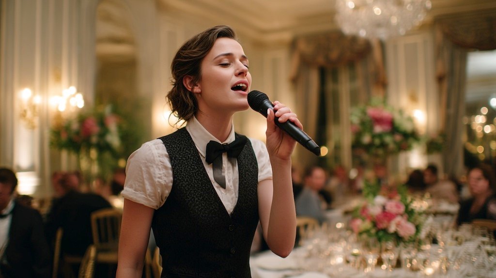 Singing waiter interacting with wedding guests