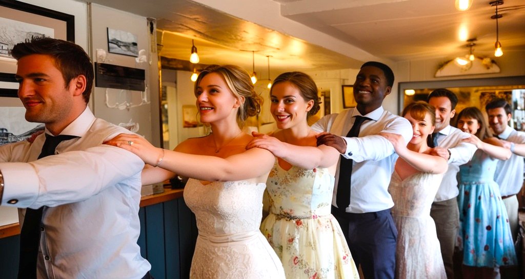 Wedding guests reacting to live singing waiters